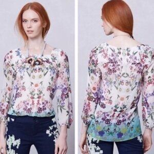 VANESSA VIRGINIA Women size 0 Multicolor Floral Silk Porto Garden Top 3/4 Sleeve